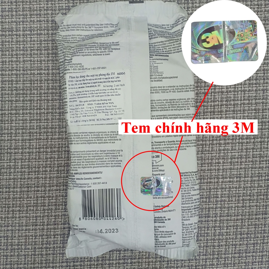 Phin lọc 3M 6006 Chính hãng ( Made in Korea có tem ) chống độc vô cơ, hữu cơ, phun thuốc sâu, môi trường ô nhiễm