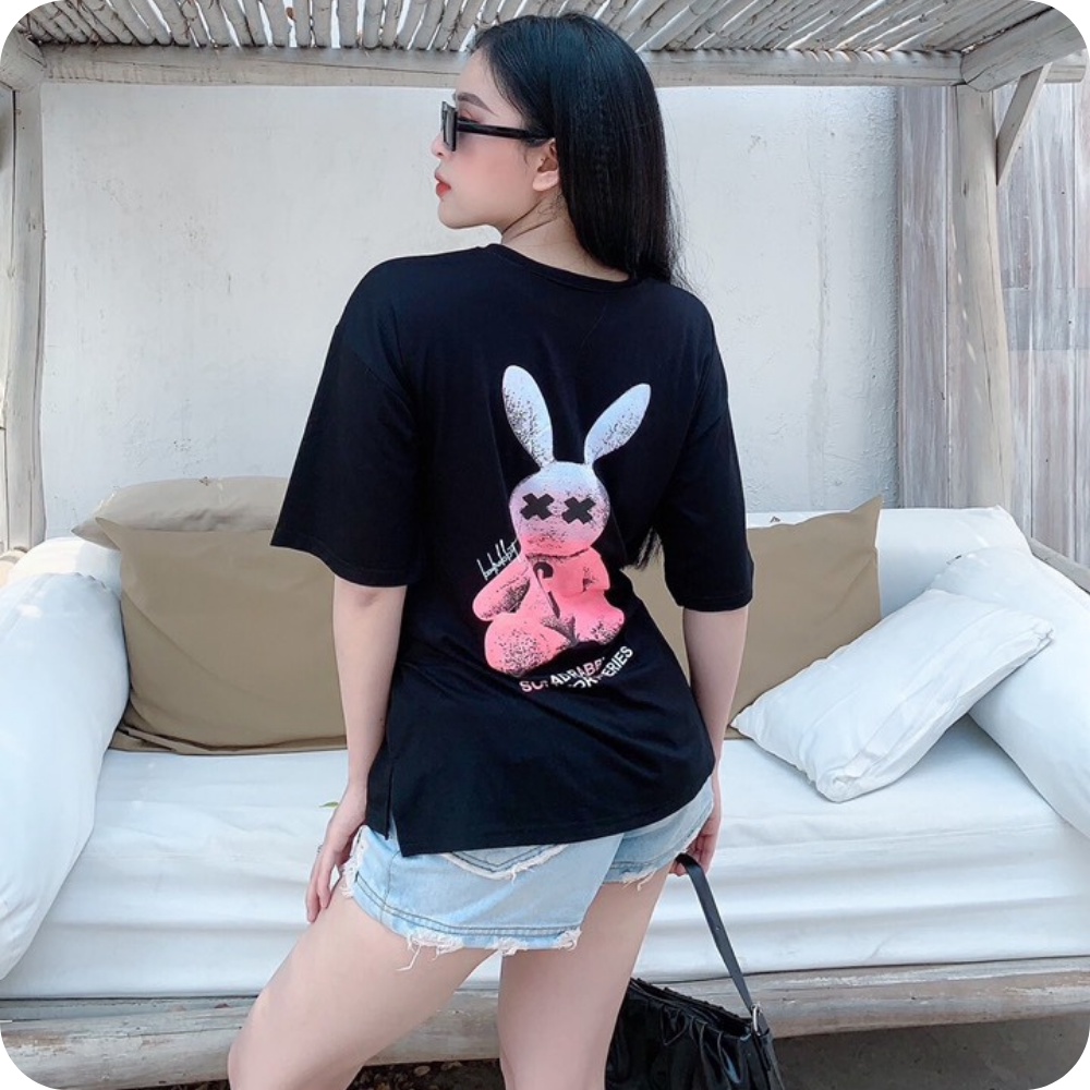 [Mã FAMARAL1 giảm 10K đơn 50K] Áo thun nữ, áo thun nữ from rộng hello Rabit màu trắng hoạ tiết gấu cute SKUA-49