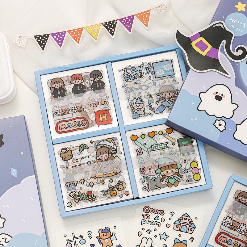 Hộp 100 tờ nhãn dán trang trí bằng PVC họa tiết hoạt hình đáng yêu