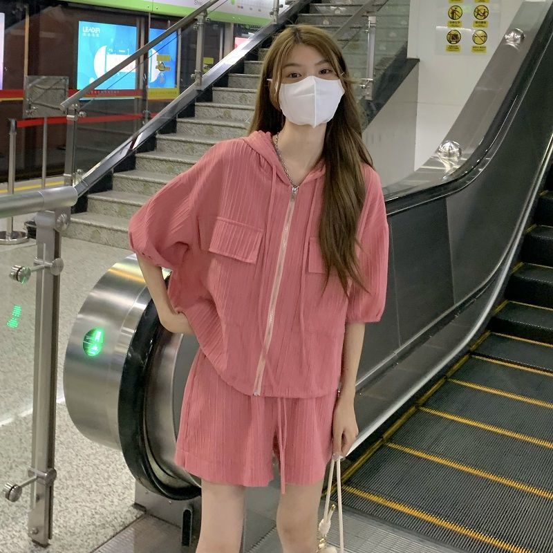 Bộ Áo Hoodie + Quần Short Lưng Thun Dáng Rộng Vải Mỏng Thời Trang Mùa Hè 2022 Cho Nữ