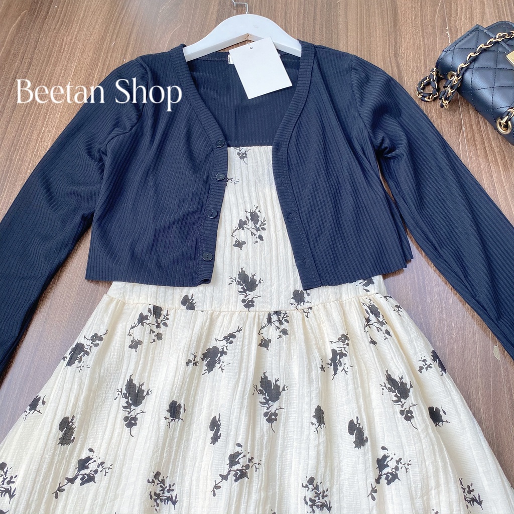 Set váy hai dây hoa hồng đen dáng dài tặng áo khoác cardigan D29