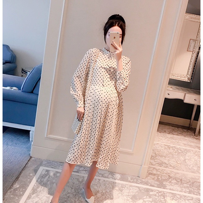 [ BIGSIZE 82kg ] VÁY ĐẦM BẦU THIẾT KẾ DỰ TIỆC CÔNG SỞ  DÀI TAY HỌA TIẾT CHẤM BI HÀN QUỐC