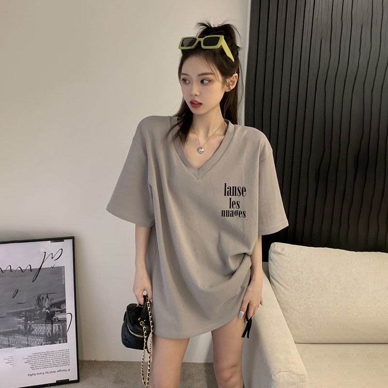 Áo Thun Tay Ngắn Cổ Chữ V Dáng Rộng Cỡ Lớn Thời Trang Hàn Quốc Cho Nữ