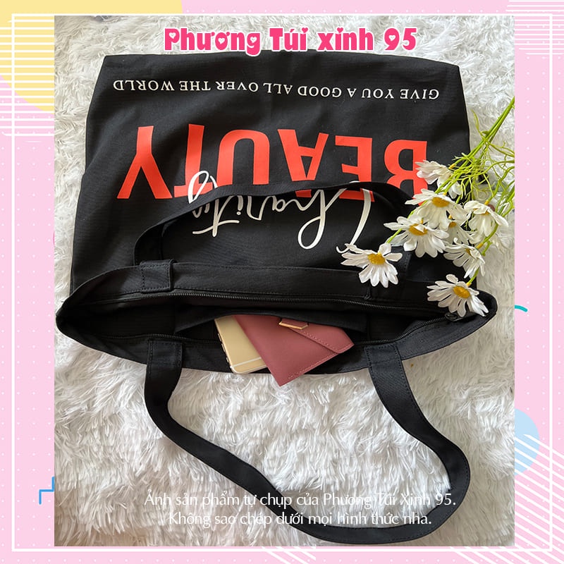 Túi vải túi tote Beauty đeo chéo kẹp nách loại to đẹp có khóa phong cách trẻ trung Phuongtuixinh TVA02