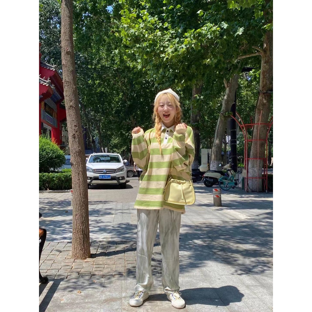 Áo Thun POLO Tay Dài Dáng Rộng Họa Tiết Kẻ Sọc Thời Trang Mùa Thu Phong Cách Retro Mới Cho Nữ