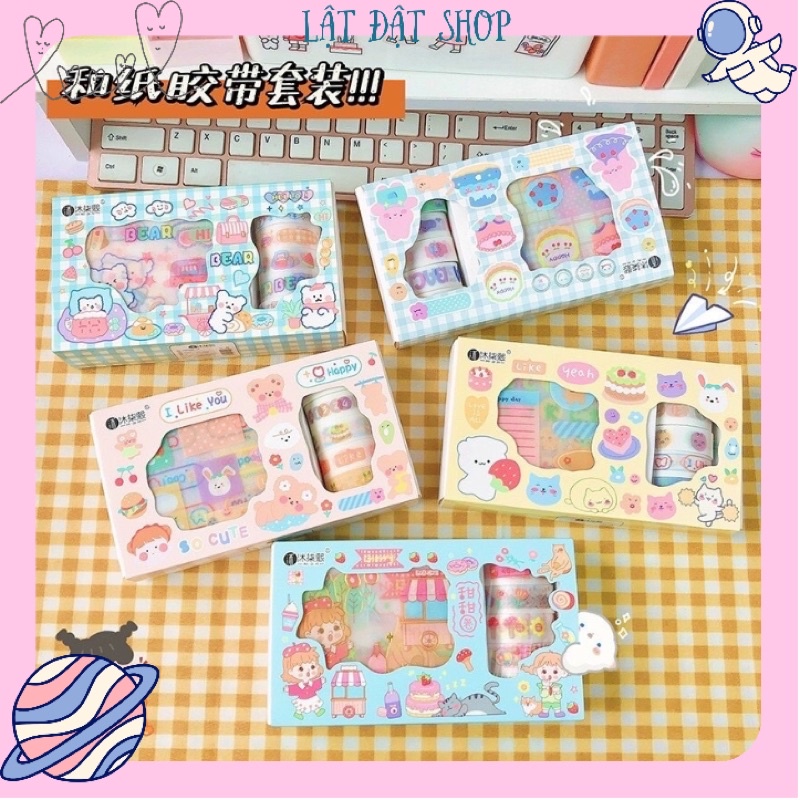 Hộp washi tape kèm sticker - Set 5 băng keo trang trí và 8 tấm sticker