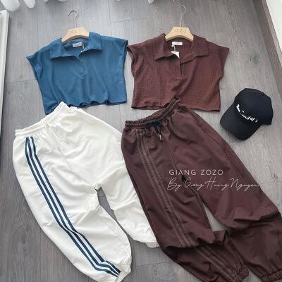 Sét bộ croptop cổ bẻ áo vát quần sọc trắng