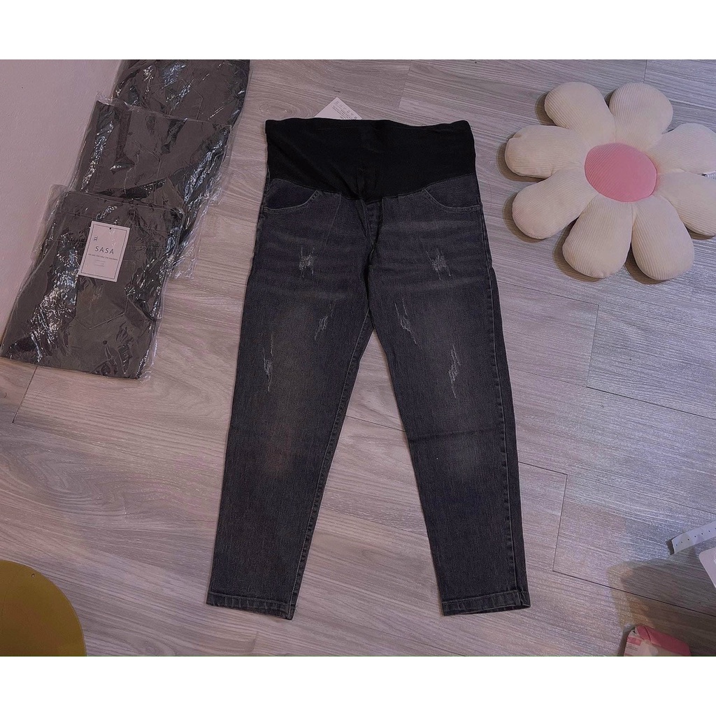 Quần Bầu Baggy Bò, Quần Jeans Dài Bầu Mềm Đẹp Co Giãn 4 Chiều Có Đáp Bụng Và Chun Chỉnh Bụng Hàng Loại 1