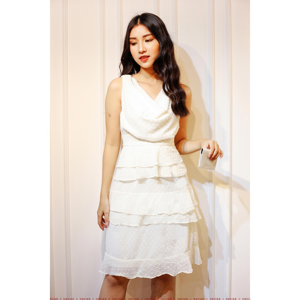 Đầm nữ HAVIAS may xếp tầng vải Premium Chiffon Hàn dệt nổi sợi bông chấm bi
