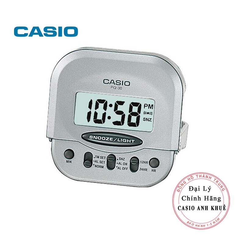 Đồng hồ báo thức du lịch - để bàn điện tử Casio PQ-30-8DF màu xám trắng 6X6cm