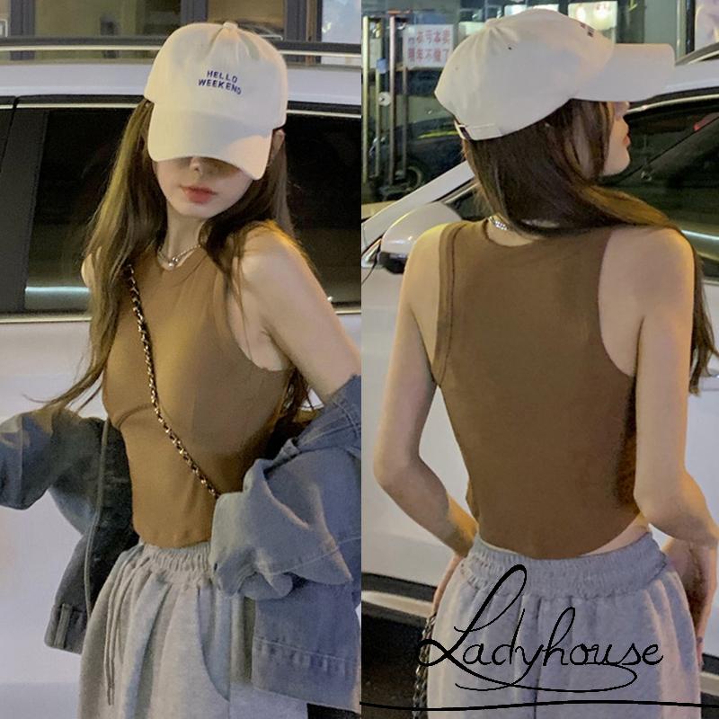 LD-Women Push Up Crochet Vest, Solid Color Round Neck Ribbed Cropped Tank Tops, Black/ White/ Coffee