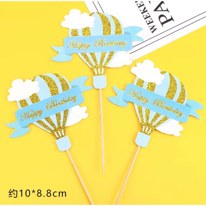 thẻ cắm trang trí bánh [FREESHIP❤️] sét 3 thẻ khinh khí cầu nhũ