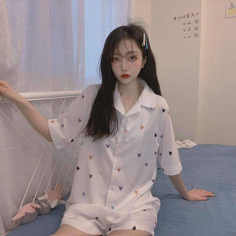 Set Bộ Ngủ Nhiều Tim Tay Lỡ Nam Nữ Unisex - Bộ ngủ pijama freesize dáng suông mặc nhà LOẠI 1 Form Rộng