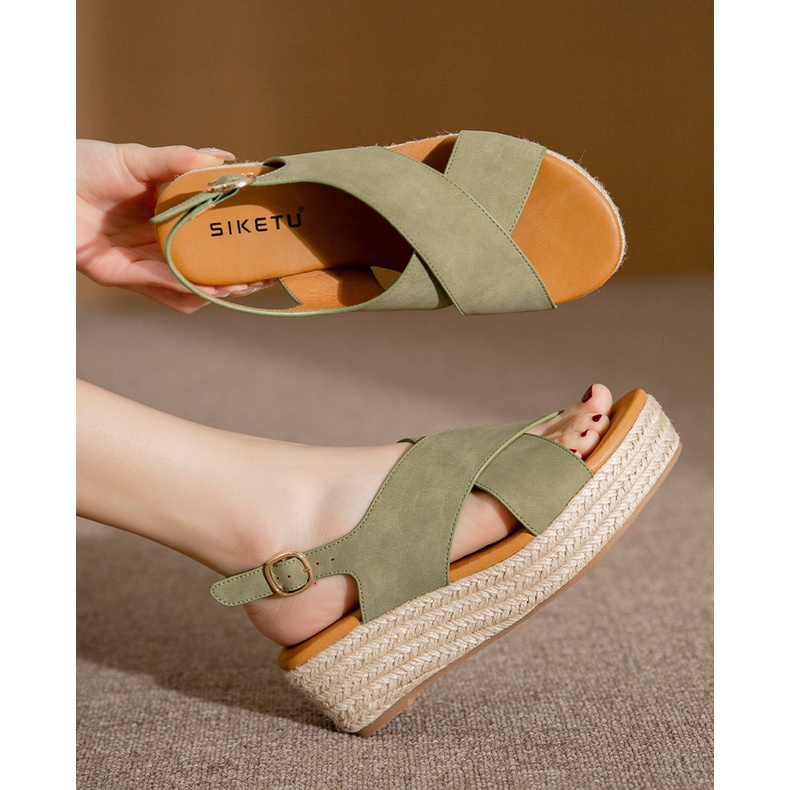 Giày sandal Siketu đế xuồng bọc cói 5cm, quai chéo thời trang