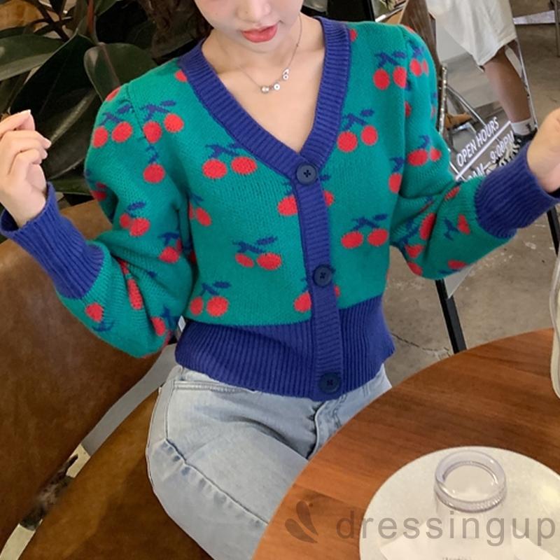Áo khoác cardigan dệt kim cổ chữ V in họa tiết quả cherry phong cách cổ điển cho nữ