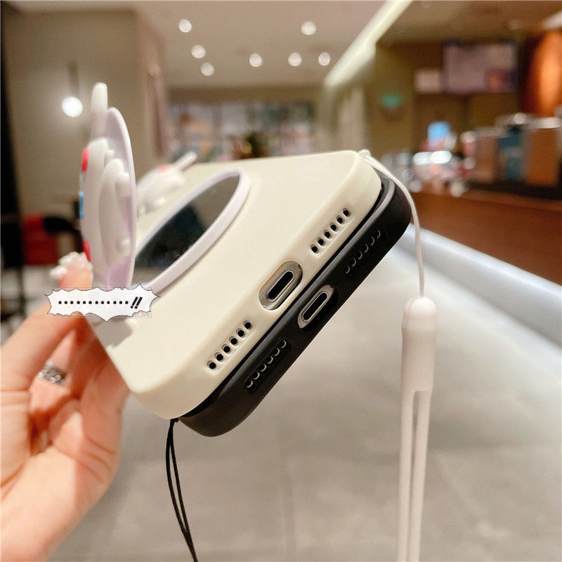 Ốp Điện Thoại Hình Kuromi / Cinnamoroll Trắng / Đen Nhật Bản Gắn Dây Đeo + Gương Tròn Cho iPhone 5 Trong 1 14 13 12 11 Pro Max mini X XS XR 8 7 6 6s Plus