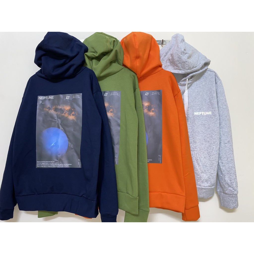 Hoodie nỉ bông ảnh thật phản quang ngực Neptune, in lưng sao Hải Vương to