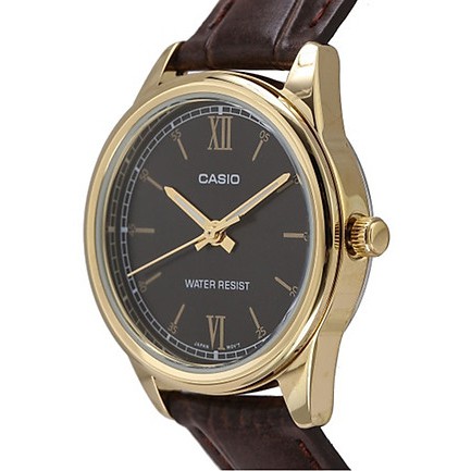 Đồng hồ Casio nữ dây da thể thao, mặt đen viền vàng sang trọng, chống nước WR30M đi bơi (LTP-V005GL-1B2UDF)