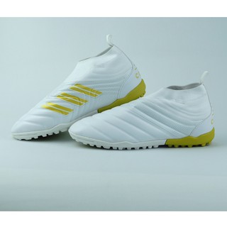 Giày Đá Bóng Copa Cổ Cao Không Dây Trắng Vạch Vàng