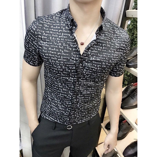 Áo sơ mi cộc tay lụa  nam màu Đen,Trắng