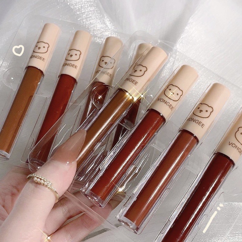 MẪU MỚI Set Son Kem Lì 4 Cây VONGEE Gấu Nâu Trong Suốt Dễ Thương Bộ Son Kem Lì Không Dính Cốc Cô Gái Cổ Trang | Thế Giới Skin Care