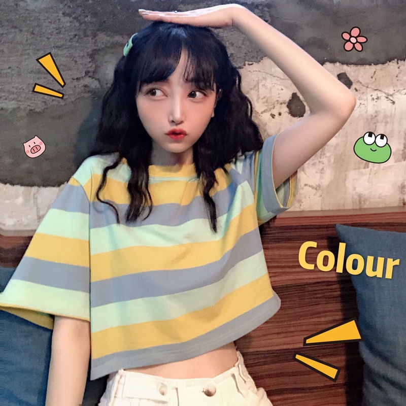 Áo Croptop Tay Ngắn Cổ Tròn Dáng Rộng Họa Tiết Kẻ Sọc Màu Cầu Vồng Thời Trang Phong Cách Hàn Quốc Cho Nữ