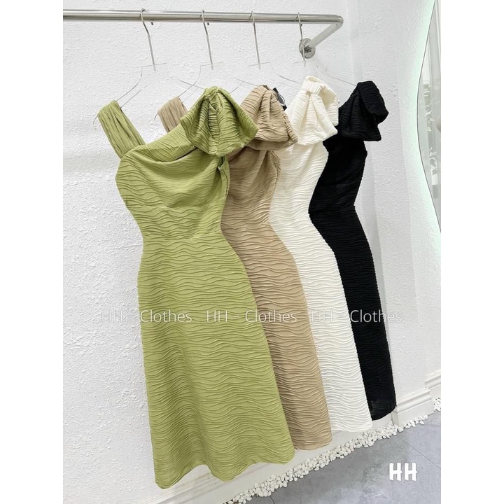 Váy xốp sóng lệch vai nơ