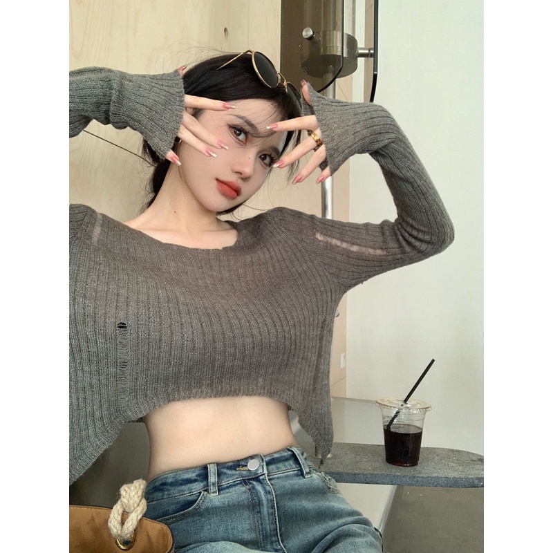 HUANG YOYO  Áo Thun Nữ Dài Tay Cổ Tròn Thời Trang Hàn