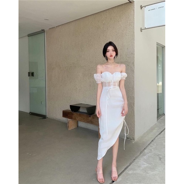 [ORDER] Váy trễ vai vạt chéo cúp ngực