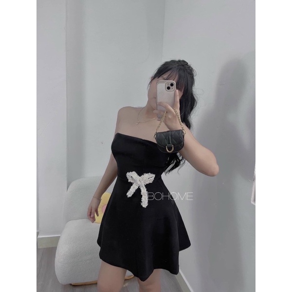 [FREESHIP- ẢNH THẬT] Đầm đen cúp ngực form xoè chữ A đính nơ eo siêu xinh ảnh thật