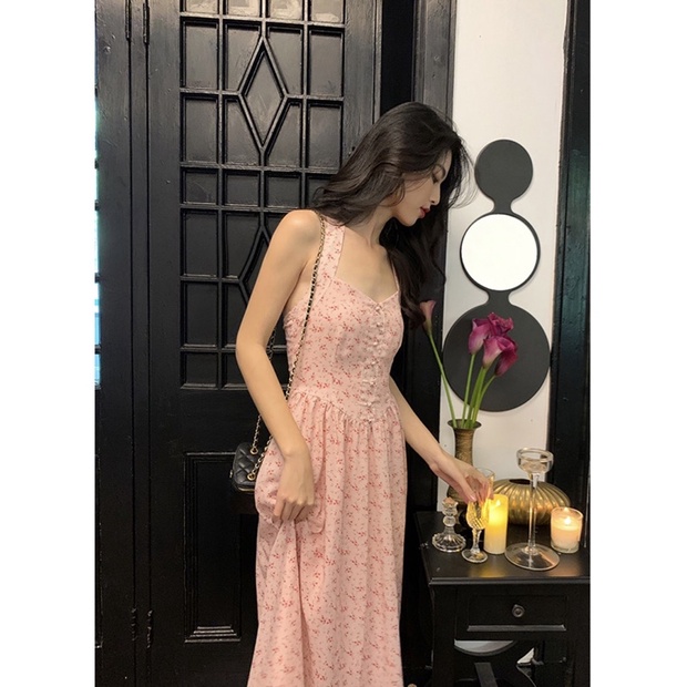 Đầm midi hoa nhí cổ yếm retro tiểu thư phong cách Pháp, váy midi hoa nhí cổ yếm