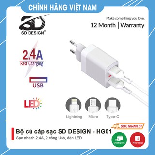 Bộ Củ+ cáp sạc SD DESIGN HG01 chính hãng đầy đủ chân sạc lightning, TypeC, Micro cho mọi điện thoại Iphone, samsung