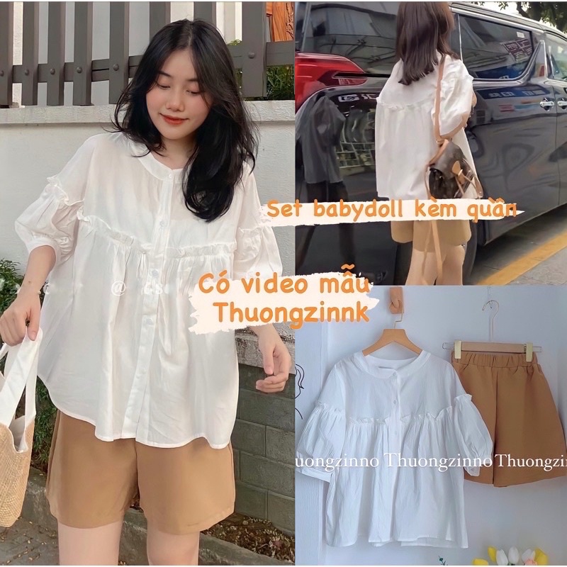 [ẢNH THẬT/VIDEO]Set babydoll gồm áo sơ mi trắng và quần đũi be Set cute Quảng Châu