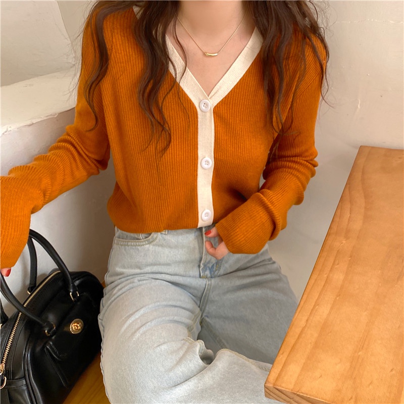 Áo khoác cardigan Pure Cube dài tay cổ chữ V màu sắc tương phản phong cách Hàn Quốc cho nữ