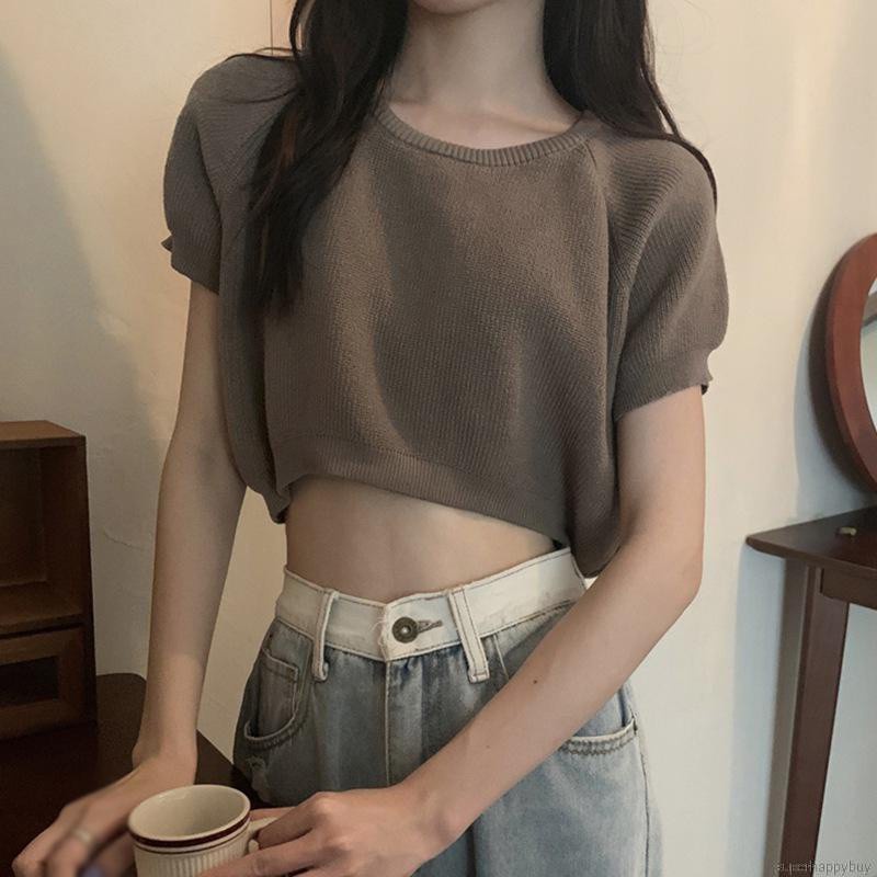 Áo Croptop Dệt Kim Tay Ngắn Màu Sắc Đơn Giản Phong Cách Hàn Quốc