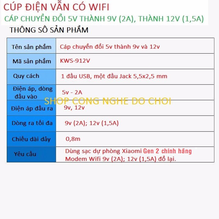 Cáp chuyển đổi điện áp 2 trong 1 - 5v thành 9v - 2A và thành 12v - 1,5A (dùng cho modem Wifi)