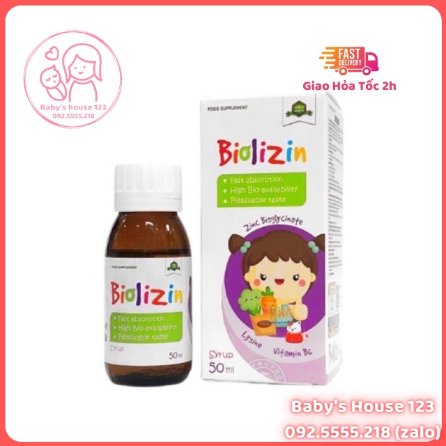 Kẽm cho bé Biolizin Kẽm zinc Lysine cho bé Kẽm cho bé biếng ăn Vitamin b6 Siro ăn ngon cho bé Tăng đề kháng - Chai 50ml