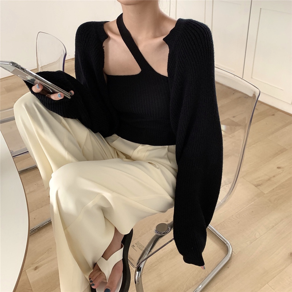 Set Áo Len 2 Dây + Áo Khoác Cardigan Thời Trang Nữ