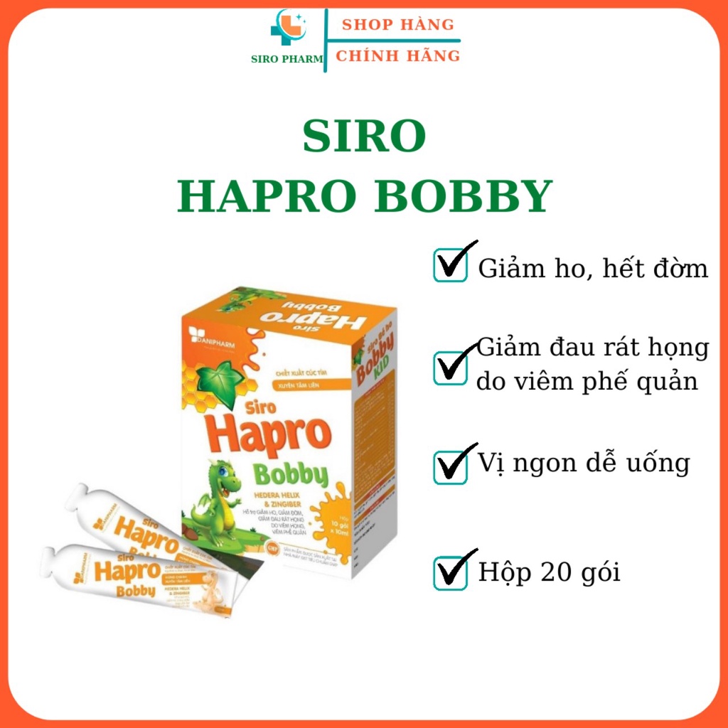Siro ho cho bé HAPRO BOBBY, chiết xuất xuyên tâm liên, hoa cúc tím, giúp tiêu đờm, giảm ho - Hộp 20 gói