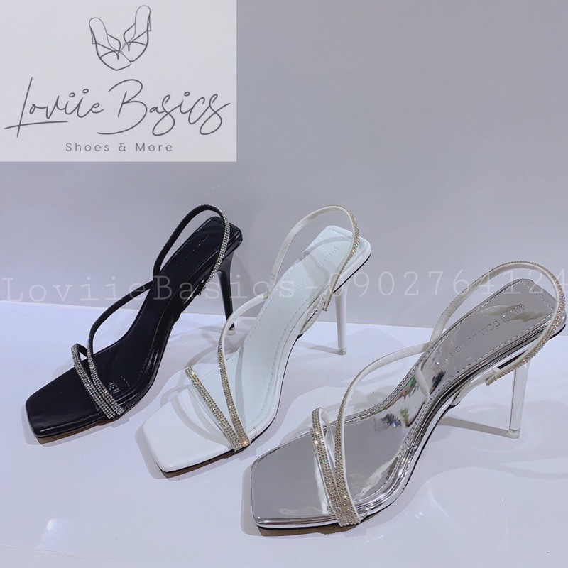 LOVIIE BASICS - GIÀY SANDAL CAO GÓT QUAI CHÉO ĐÍNH ĐÁ 9 PHÂN - GIÀY CAO GÓT NỮ ĐÍNH ĐÁ 9 PHÂN - BẠC TRẮNG ĐEN - G210103