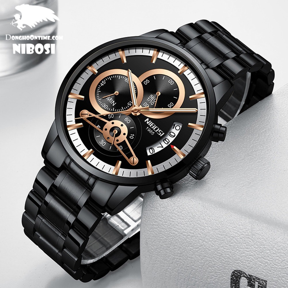 Đồng hồ nam dây thép đặc Nibosi OT2309-01T (DÂY ĐEN MẶT ĐEN) (TẶNG BOX, PIN, VÀ VÒNG TAY TỲ HƯU)