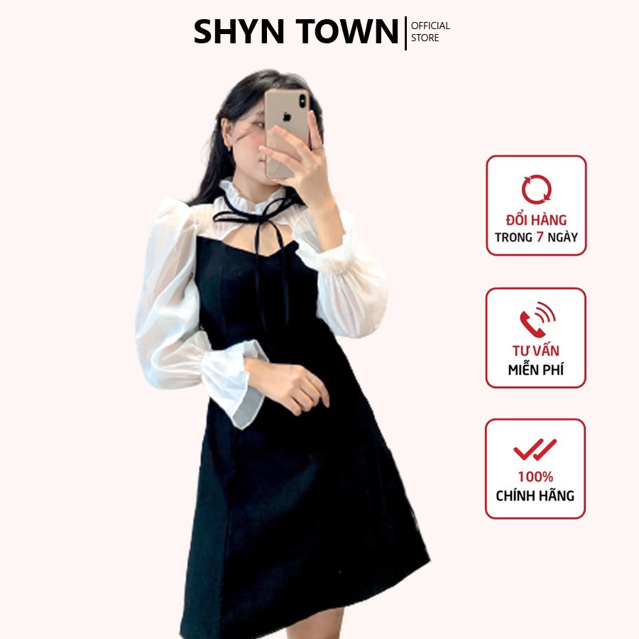 Đầm nhung tăm phối tay dài lụa trắng Váy nhung tăm xinh xắn dài tay . Váy trắng thiết kế, Váy trắng hở vai tay bồng | BigBuy360 - bigbuy360.vn