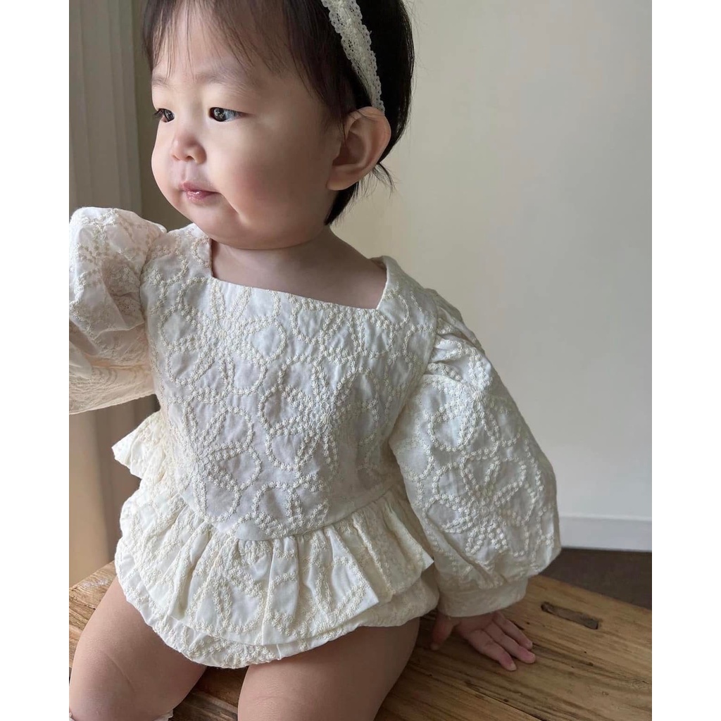 Váy Bodysuit Anne Shirley Lace V thêu hoa tay bồng đáng yêu cho bé gái
