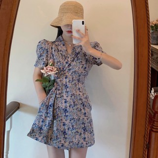 YATWIN ◑✇◇Port flavour restoring ancient ways new floral skirt in summer 2020 waist with a word long dress female lapel short sleeves