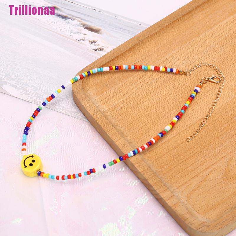 [Trillionaa] Vòng Cổ Choker Chuỗi Hạt Nhiều Màu Sắc Mặt Cười Phong Cách Bohemia