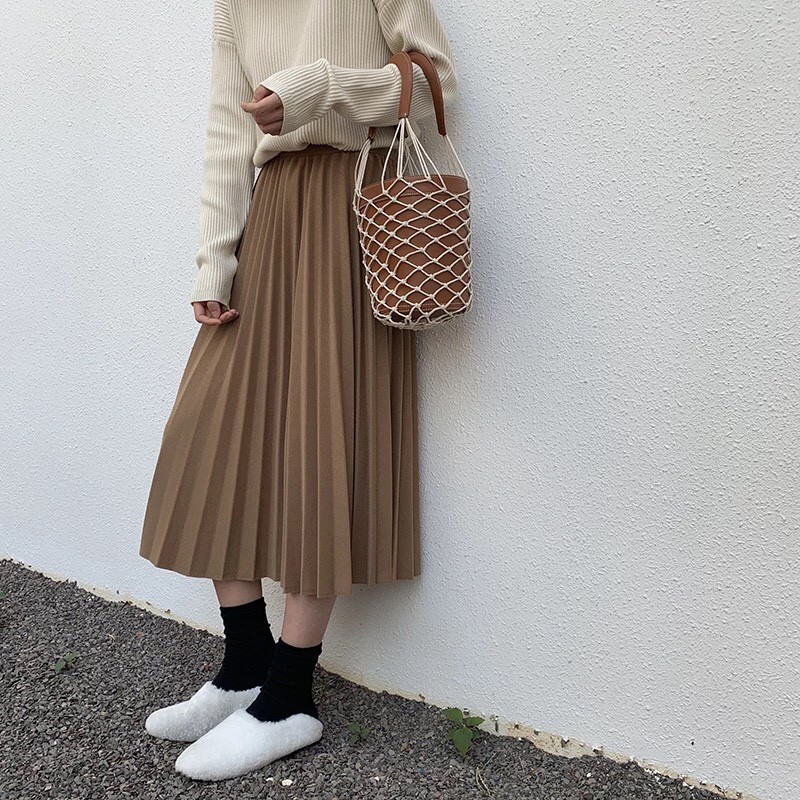 Váy Nữ Midi Dáng Dài Cạp Chun Xếp Ly Madela Phong Cách Vintage, Chân Váy Xếp Ly Dài Thanh Lịch Hàn Quốc