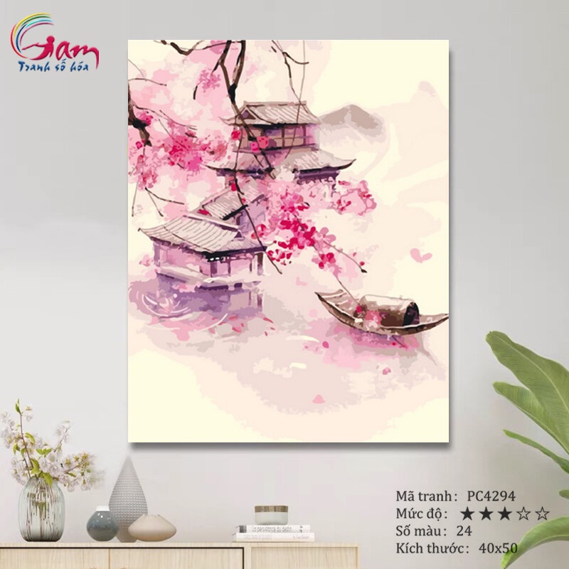 Tranh trang trí tự tô màu theo số Gam phong cảnh Trung Hoa hoa đào bến sông PC4294