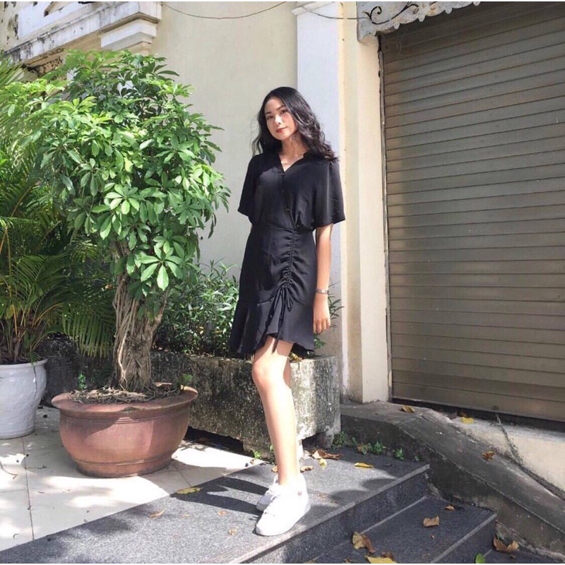 ĐẦM SƠ MI CỔ ĐỨC NÚT XÉO THÍCH HỢP DIỆN THƯỜNG NHẬT XINH XẮN 0508