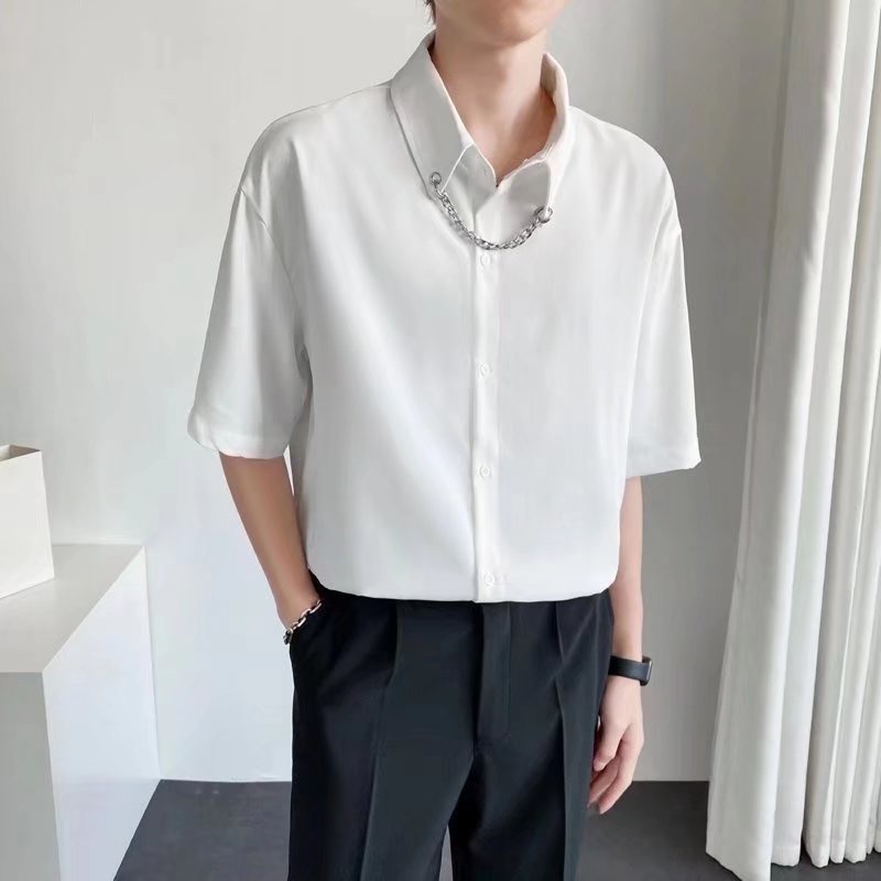 Áo Sơ Mi Tay Ngắn Dáng Rộng Màu Trắng Đen Phong Cách Nhật Bản Cao Cấp Cho Nam Size M-3XL