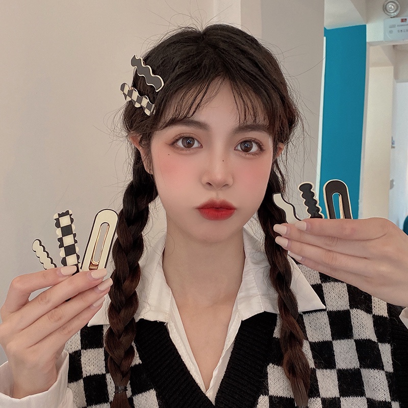 Kẹp Tóc Mái Bằng acrylic Họa Tiết Hình Học Màu Trắng Đen Phong Cách vintage Hàn Quốc Cho Nữ
